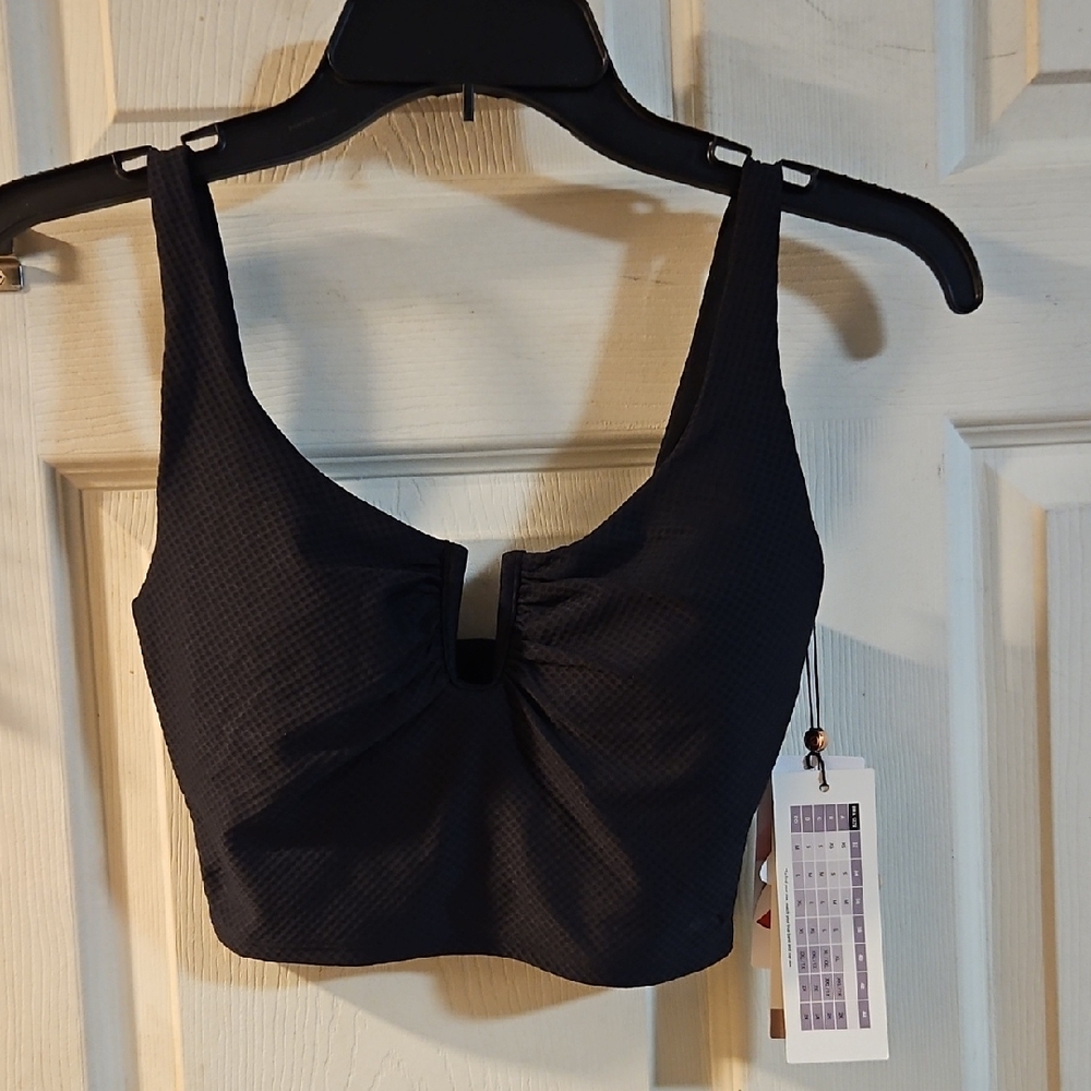 CALIA Women's U-Bar Long Line Bikini Swim Top:PURE BLACK MESH: NEW WITH TAGS: S